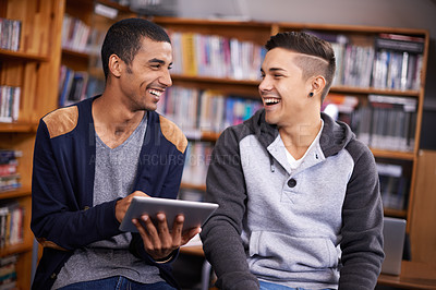 Buy stock photo Students, library and funny joke on tablet, diversity and social media on break in college. Young, men and touchscreen and happy for collaboration on online project and browse internet meme to relax