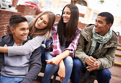 Buy stock photo University, friends and people on campus in conversation, talking and chat outdoors on steps. Diversity, education and happy men and women students relax and bonding on school, academy and college