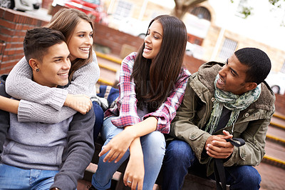 Buy stock photo University, friends and men and women on campus in conversation, talking and chatting outdoors. Diversity, learning and happy group of students bonding for education at school, academy and college