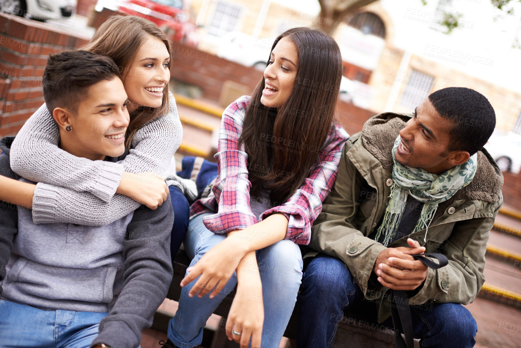 Buy stock photo University, friends and men and women on campus in conversation, talking and chatting outdoors. Diversity, learning and happy group of students bonding for education at school, academy and college