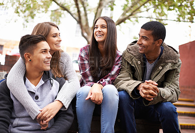Buy stock photo University, happy and friends on campus stairs in conversation, talking and chatting outdoors. Diversity, education and happy men and women students for social bonding on school, academy and college