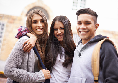 Buy stock photo University, campus and portrait of man and women ready for studying, education and learning together. Diversity, friendship and happy students hug and smile for school, academy and community college