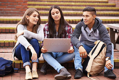 Buy stock photo University, students with laptop on campus steps and online education in college with diversity, results and group project. Learning, studying and friends with smile, internet and future opportunity.