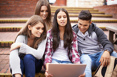 Buy stock photo Students, internet results and laptop on campus steps, happiness and online education in college with diversity. Learning, studying and friends at university, team feedback on group project research.