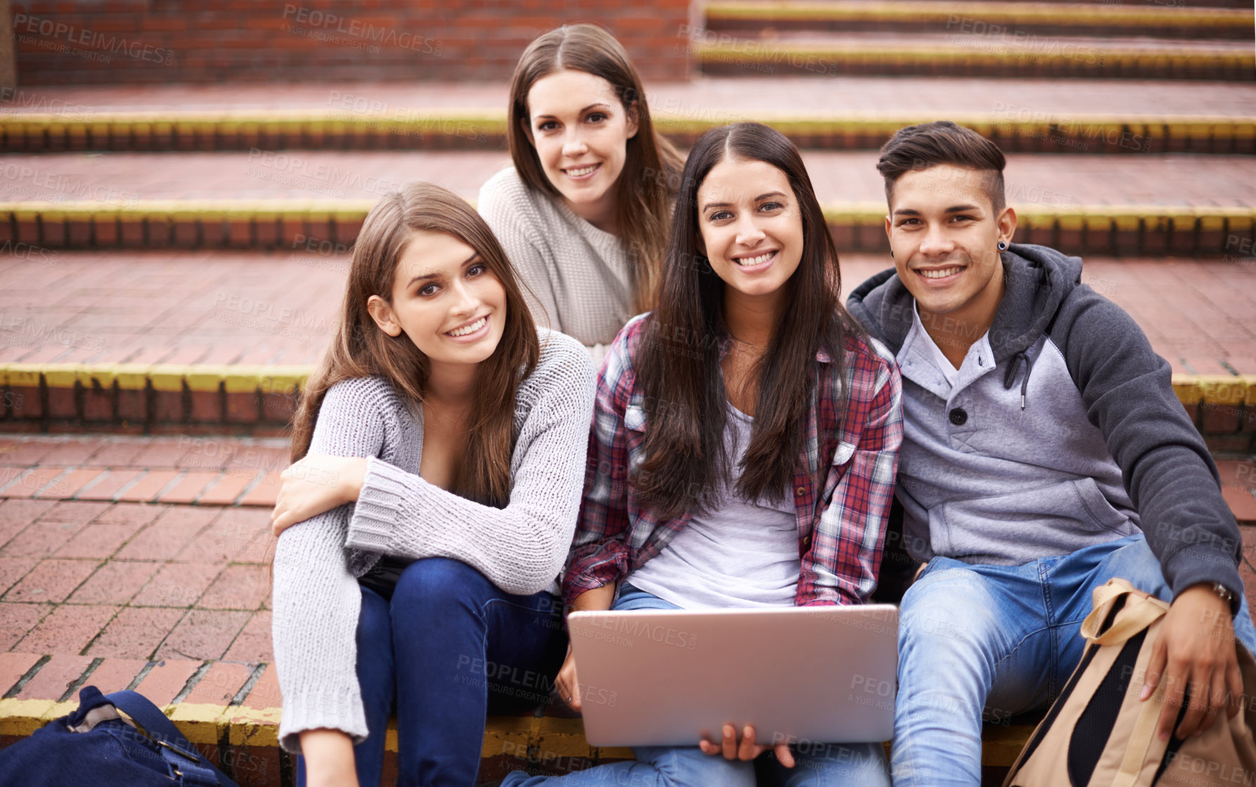 Buy stock photo University, education and portrait of students with laptop for group project, studying and online learning. Diversity, friends and man and women on computer for knowledge, school and college research