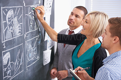 Buy stock photo Business people, brainstorming and blackboard with creativity, planning and meeting with ideas. Group, cartoon and manager with employees and chalk with drawing or teamwork with comic strip and story