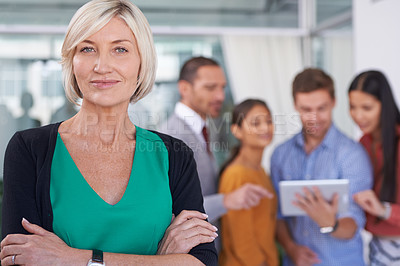 Buy stock photo Senior woman, portrait and manager with creative team on technology for networking or research at office. Face of mature female person or CEO in confidence for leadership, group management or startup