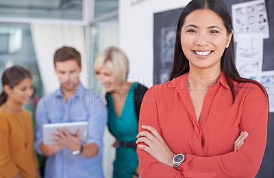 Buy stock photo Asian woman, portrait or creative team with manager for meeting, planning or brainstorming in leadership at office. Female person with smile in confidence, startup management or project on technology