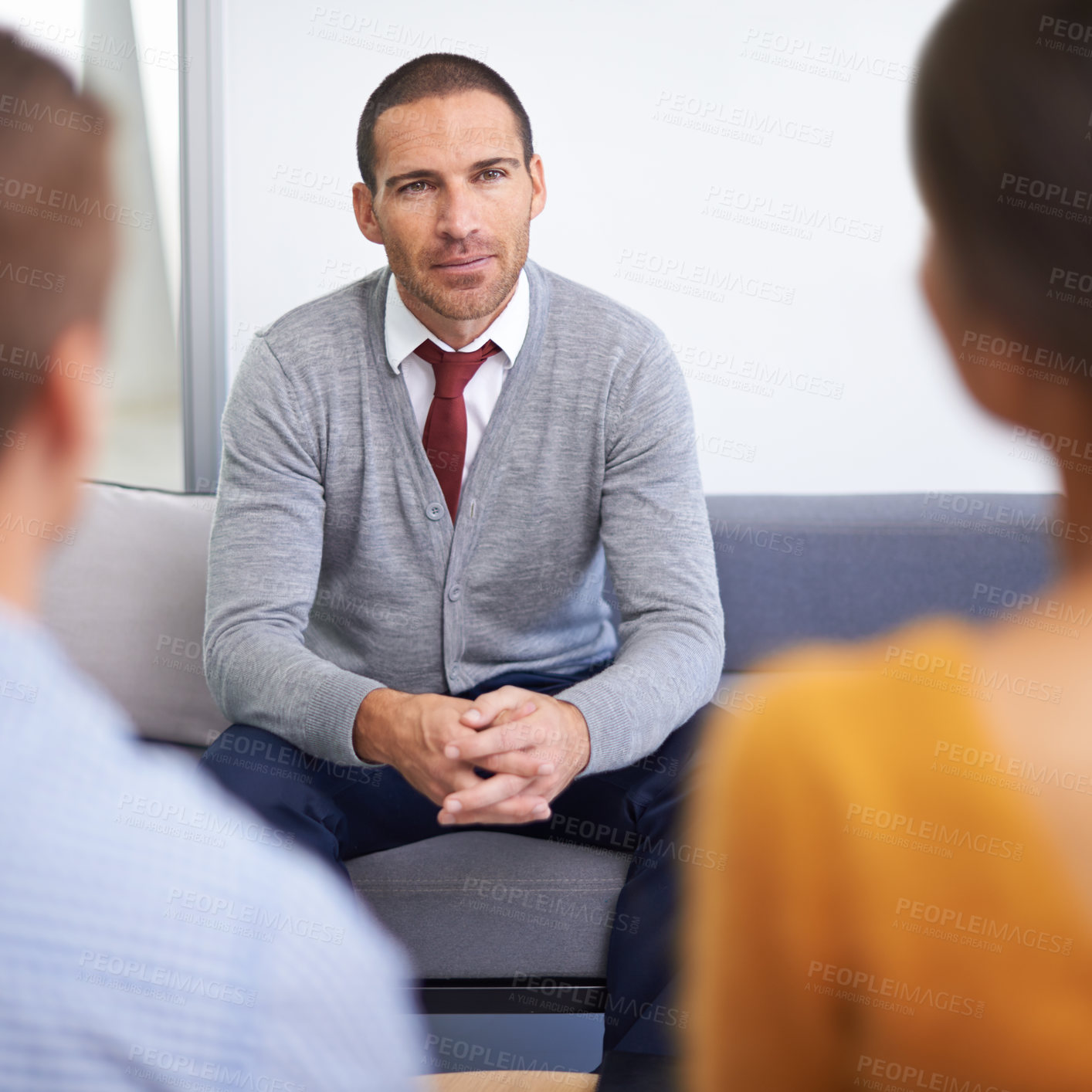 Buy stock photo Couple, therapist and man in counseling listening to story of of marriage for problem solving with psychology. Professional, therapy and meeting with psychologist and person on sofa with empathy