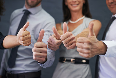Buy stock photo Business people, hands and thumbs up in studio for success, winning and achievement or thank you emoji. Professional group or employees with like, yes and or support and closeup on a wall background