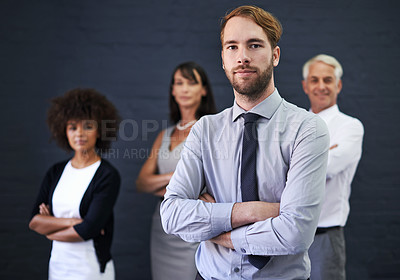 Buy stock photo Professional man, leadership and arms crossed in studio for teamwork, confidence or support on wall background. Serious portrait of people, lawyer or group standing together for law firm or business