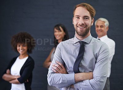 Buy stock photo Business man, leadership and arms crossed in studio portrait for teamwork, confidence and about us on a wall background. Professional man, group and accountant with smile for company, job or career