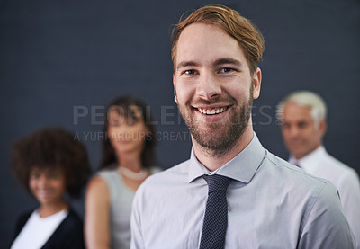 Buy stock photo Businessman, portrait and proud of career opportunity, studio and happy on wall background. Male person, professional and positive for teamwork collaboration, leader and smile for startup company