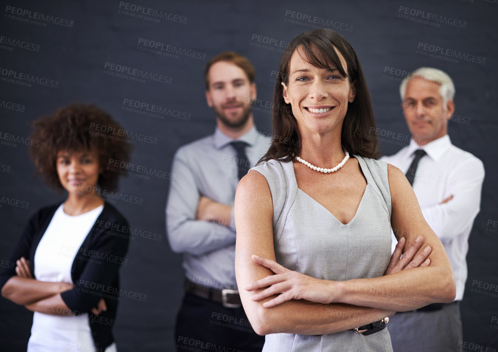 Buy stock photo Business people, leadership and arms crossed for teamwork, confidence and about us on a wall background. Portrait of woman, group and employees in human resources or company with happy job or career