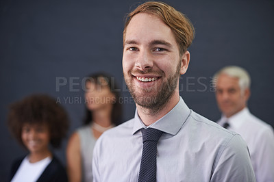 Buy stock photo Businessman, portrait and confident for career opportunity, studio and happy on wall background. Male person, professional and proud of teamwork collaboration, leader and smile for startup company