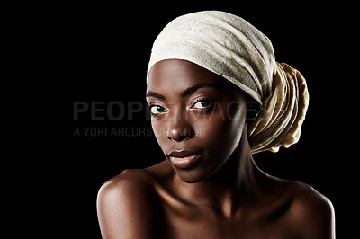 Buy stock photo Glamour, portrait and black woman with head wrap, natural makeup and beauty aesthetic in studio mockup. Art, skincare and African girl on dark background with scarf, facial cosmetics and confidence.