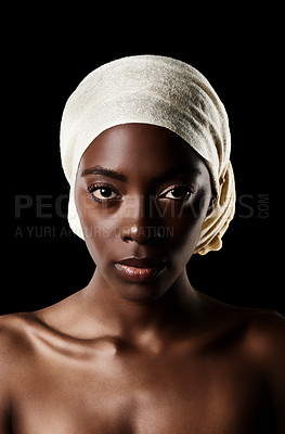 Buy stock photo Skincare, portrait and black woman with head wrap, natural makeup or creative aesthetic in studio. Art, beauty and serious African girl on dark background with scarf, facial cosmetics and confidence.