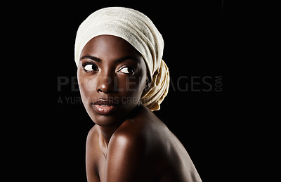 Buy stock photo Beauty, studio and black woman with head scarf, natural makeup or creative aesthetic in mockup space. Art, skincare and African girl on dark background with wrap, facial cosmetics and confidence.