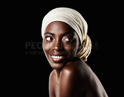 Buy stock photo Beauty, studio and happy black woman with headscarf, natural makeup or creative aesthetic in mockup space. Art, skincare and African girl on dark background with wrap, facial cosmetics and confidence
