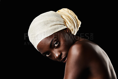 Buy stock photo Art, studio and black woman with head scarf, natural makeup or creative aesthetic in mockup space. Beauty, skincare and African girl on dark background with wrap, facial cosmetics and confidence.