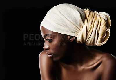 Buy stock photo Beauty, studio and profile of black woman with headscarf, natural makeup or creative aesthetic in mockup. Art, skincare and African girl on dark background with wrap, facial cosmetics and confidence.
