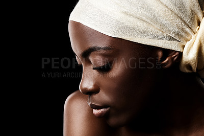 Buy stock photo Beauty, relax and black woman in studio with headscarf, natural makeup or creative aesthetic. Art, skincare and African girl on dark background with head wrap, facial cosmetics and culture in profile