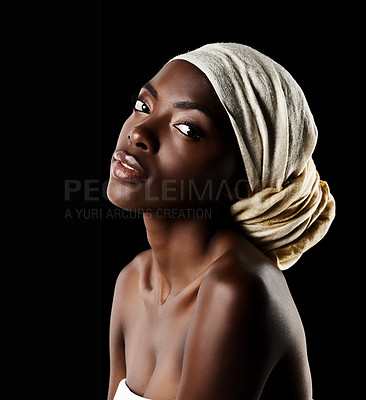 Buy stock photo Beauty, confidence and portrait of black woman scarf, natural makeup or creative aesthetic in studio. Art, skincare and African girl on dark background with head wrap, facial cosmetics and pride.