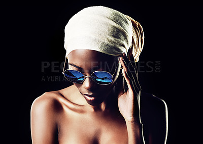 Buy stock photo Black woman, sunglasses and headscarf with fashion for style on a dark studio background. Face of young African female person or model with bandana and eyewear for stylish accessories on mockup space