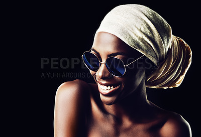 Buy stock photo Happy, black woman and sunglasses with scarf for fashion or style on a dark studio background. Young African female person or model with smile, headwear and eyewear for stylish accessory on mockup