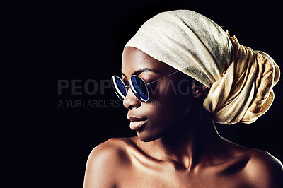 Buy stock photo Black woman, sunglasses and scarf with fashion for style on a dark studio background. Face of young African female person, profile or model with headwear and eyewear for stylish accessories on mockup