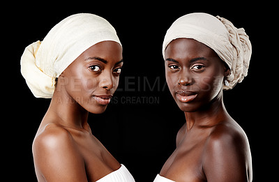 Buy stock photo Beauty, scarf and portrait of African women in studio for wellness, health and hair care treatment. Salon aesthetic, friends and people with accessories, cosmetics and makeup on black background