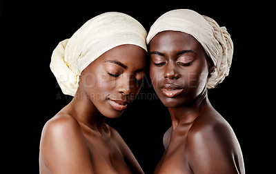 Buy stock photo Beauty, scarf and African women in studio for wellness, health and hair care treatment. Salon aesthetic, culture and face of black people with accessories, cosmetics and makeup on dark background