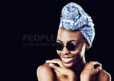 Buy stock photo Face, smile and culture with African woman in studio isolated on black background for heritage. Aesthetic, space and sunglasses with happy young person in trendy headwear for traditional style
