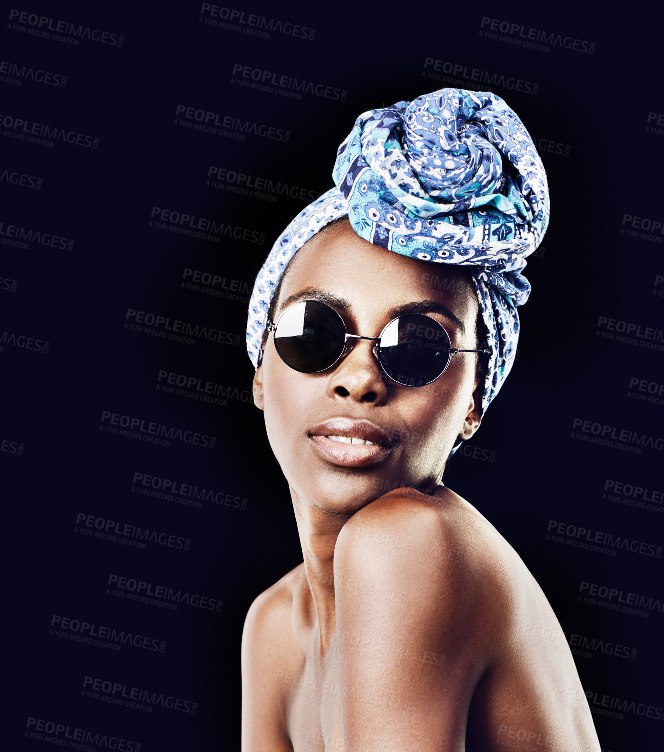 Buy stock photo Portrait, beauty and fashion with African woman in studio isolated on black background for heritage. Culture, model and sunglasses with confident young person in trendy headwear for traditional style