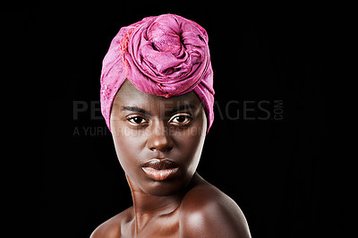 Buy stock photo Black woman, head scarf and beauty portrait with serious, skincare and natural cosmetics in studio. Traditional, turban and African fashion with wellness and skin glow with makeup and dark background