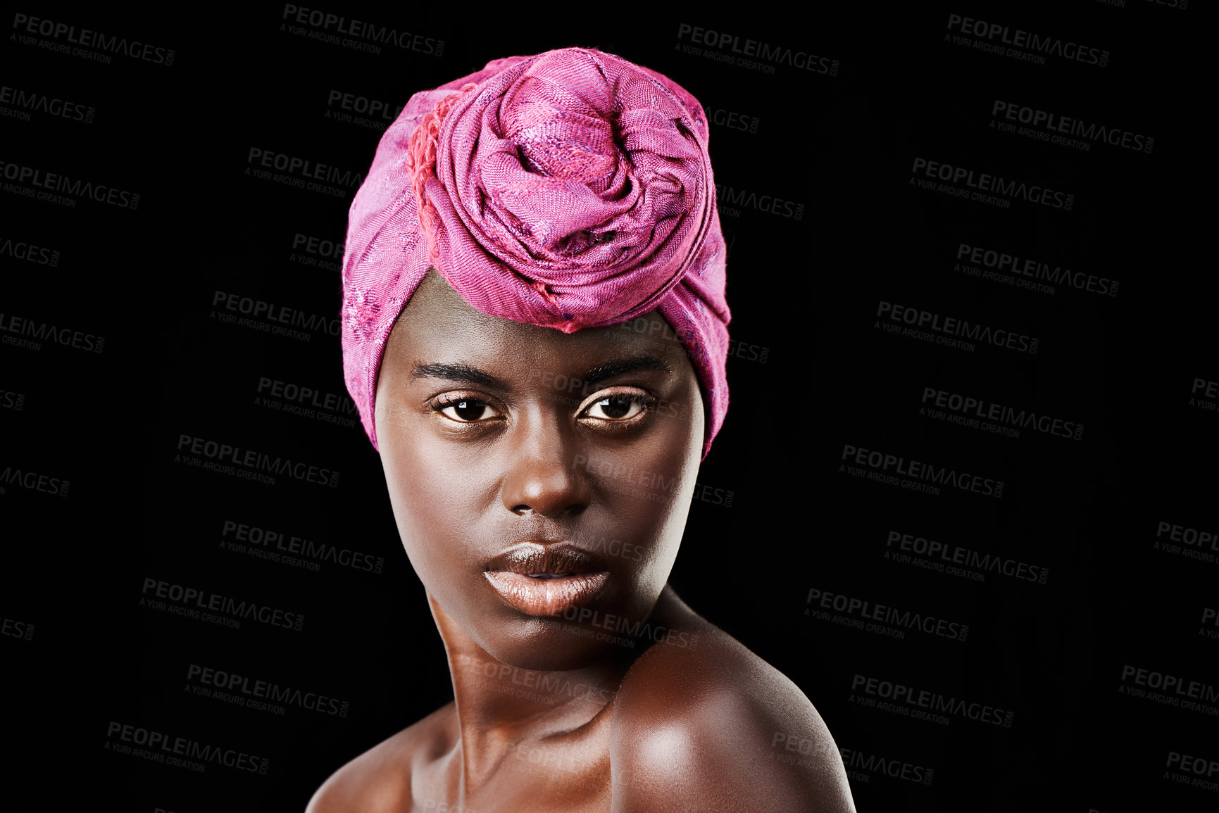 Buy stock photo Black woman, head scarf and beauty portrait with serious, skincare and natural cosmetics in studio. Traditional, turban and African fashion with wellness and skin glow with makeup and dark background