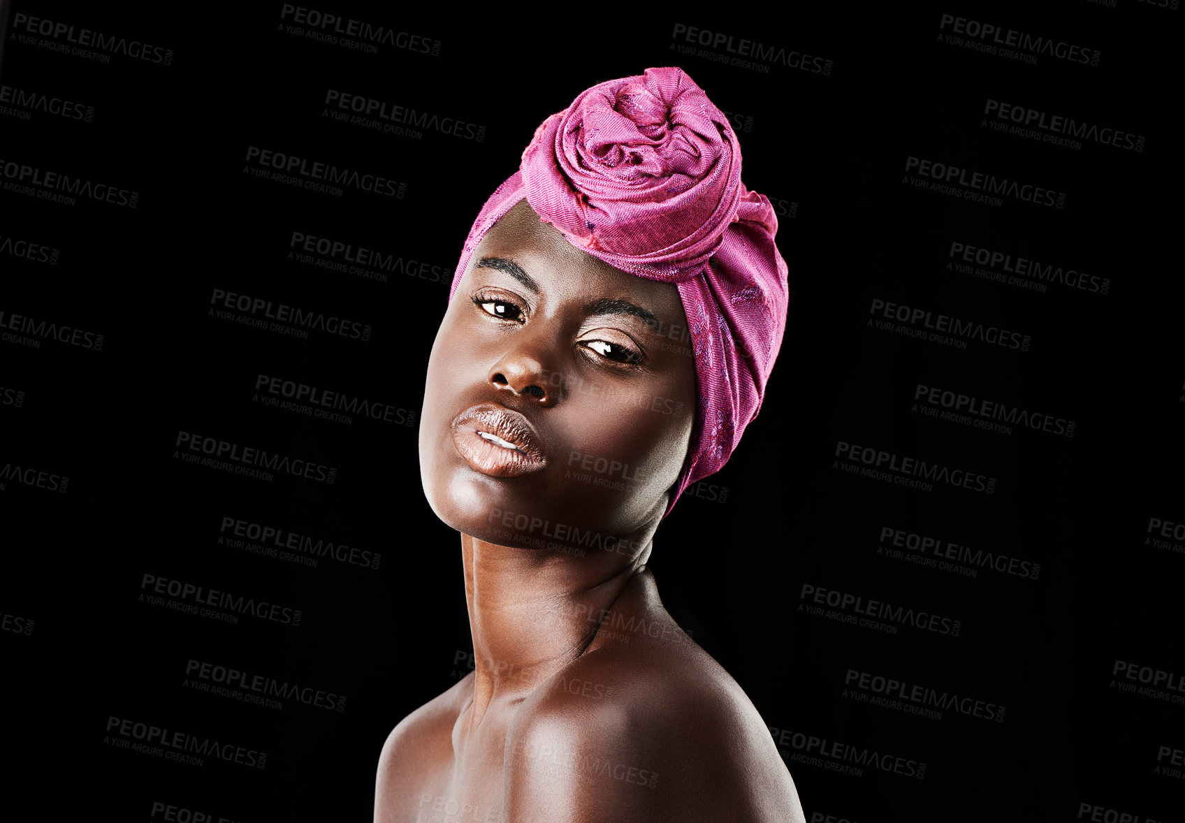 Buy stock photo Black woman, head wrap and portrait with natural beauty, skincare and cosmetics in studio. Traditional, turban and African fashion with wellness and skin glow treatment in makeup with dark background