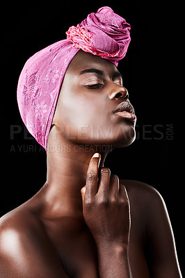 Buy stock photo Black woman, head wrap and beauty with profile, skincare and natural cosmetics in studio. Traditional, turban and African fashion with wellness and skin glow treatment with makeup and dark background