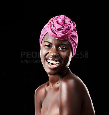 Buy stock photo Black woman, head wrap and beauty portrait with laugh, skincare and natural cosmetics in studio. Traditional, turban and African fashion with wellness and skin glow with makeup and dark background
