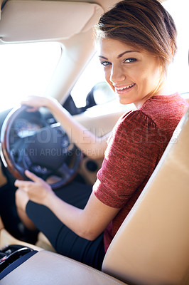 Buy stock photo Portrait, driving and business woman with smile on morning commute, road trip or journey to work. Travel, transport and happy driver at wheel of car with confidence, test drive and auto insurance.