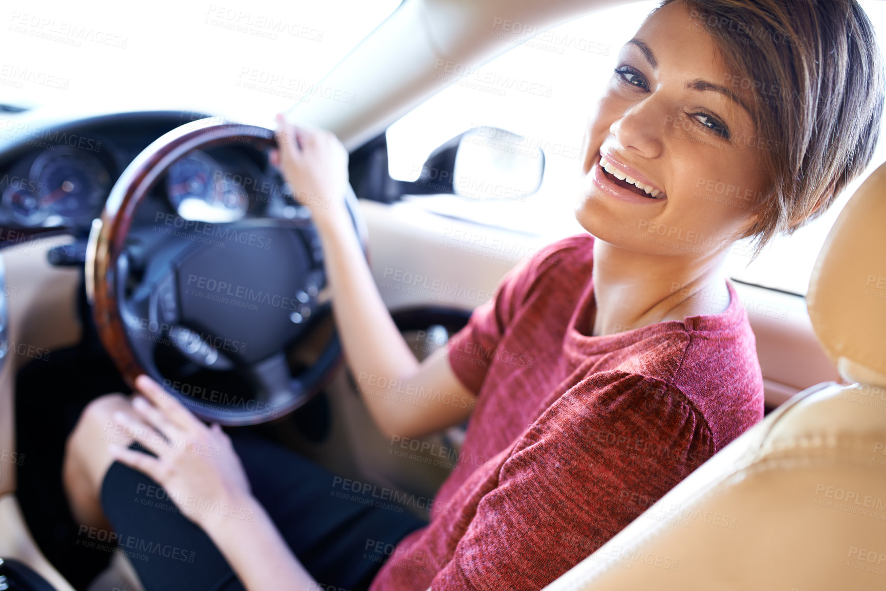 Buy stock photo Portrait, driving and business woman with travel on morning commute, road trip or journey to work. Smile, transport and happy driver at wheel of car with confidence, test drive and auto insurance.