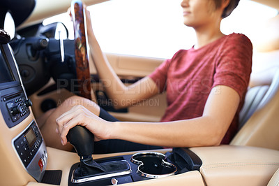 Buy stock photo Closeup, gear and woman in luxury car and driving with steering wheel and travel with transportation. Driver, hands and person with expensive vehicle or road trip with destination and interior design