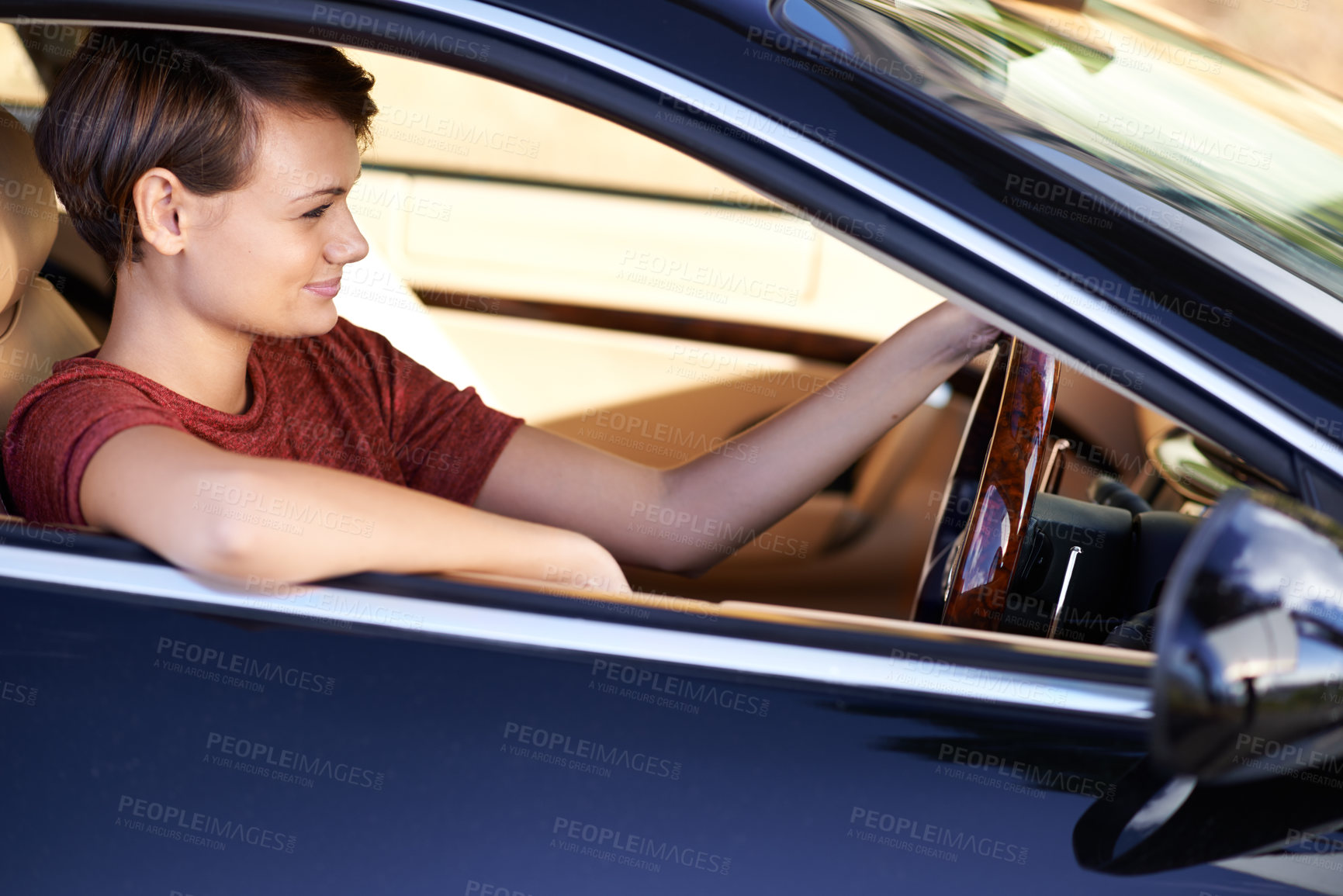 Buy stock photo Happy woman, car and test driving before purchase, decision and selection choice with smile. Transportation, vehicle and female driver for travel, journey and automobile for performance check