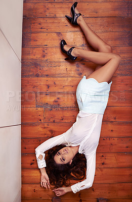 Buy stock photo Fashion, portrait and woman on floor of house in hipster, luxury modern and stylish clothing. Chic, above view and female person on ground with confidence, trendy and classy outfit in apartment