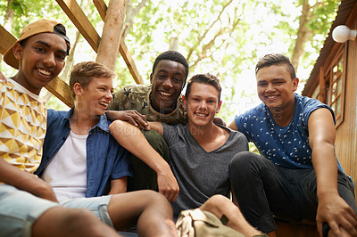 Buy stock photo Summer camp friends, teenager boys and portrait of students on a holiday in a tree house outdoor. Freedom, happiness and smile of boy group together on a teen vacation trip in the forest with youth