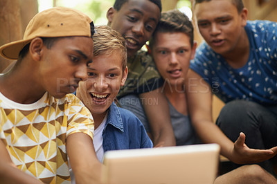 Buy stock photo Selfie, tablet and group of boy friends with silly, goofy and funny facial expression for comedy. Excited, teenagers and young people with comic face for photography on digital technology on holiday.