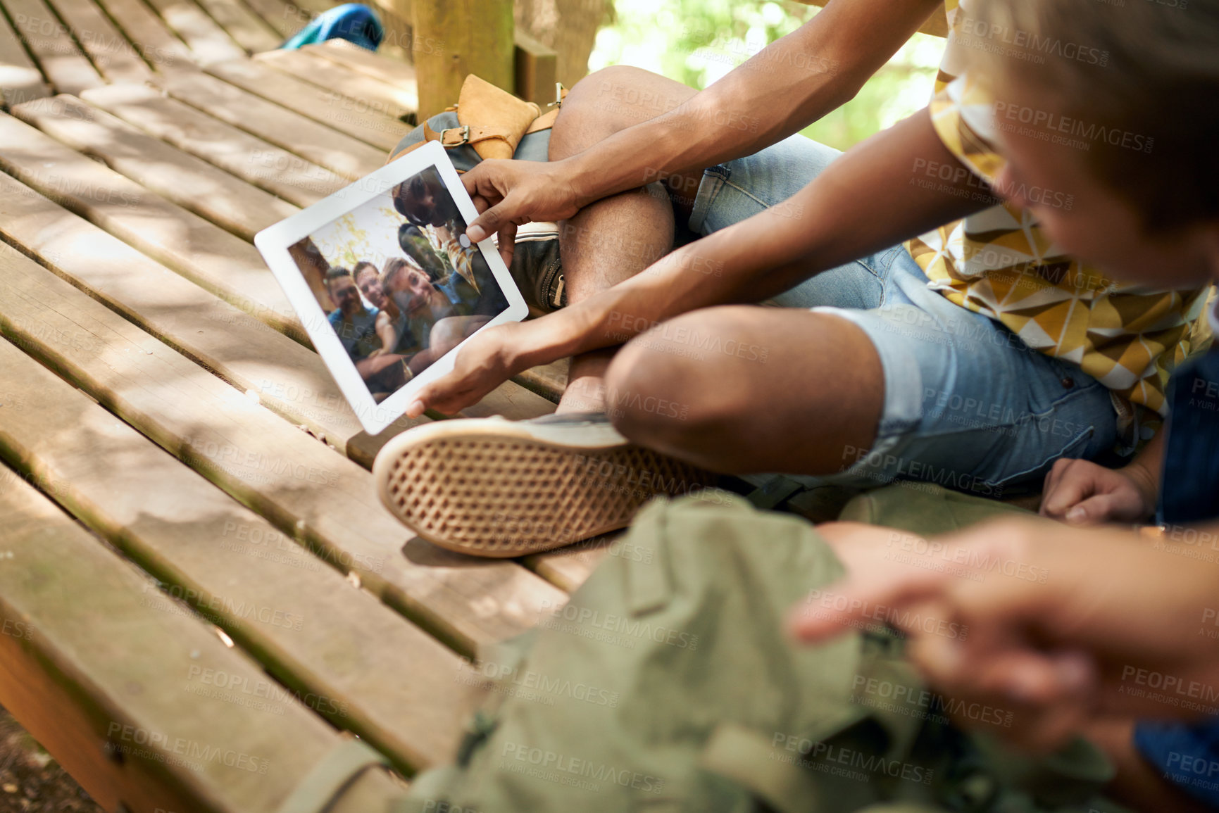 Buy stock photo Friends, teen and sit with tablet for selfie on bonding in  park, outdoor and create memories for summer holiday. Camping, adventure and diverse group in happiness on vacation or break for fun.