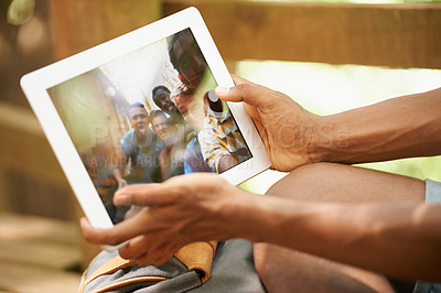Buy stock photo Child, hand and tablet for selfie and group on screen, vacation and fun on technology. Sitting, friends for memory and capture for teens social media post, diversity and together or online connection
