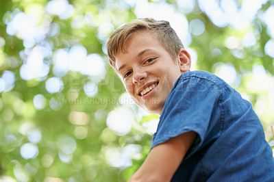 Buy stock photo Happy, portrait and boy climbing tree in nature for adventure in outdoor park, garden or field. Smile, freedom and young teenager sitting on branch with positive, joyful and confident attitude.