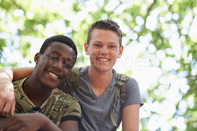 Buy stock photo Teenager, friends and portrait with nature tree or backpack or vacation trekking in environment or hiking, explore or bonding. Male people, face and smile or travel connection in forest, park or trip